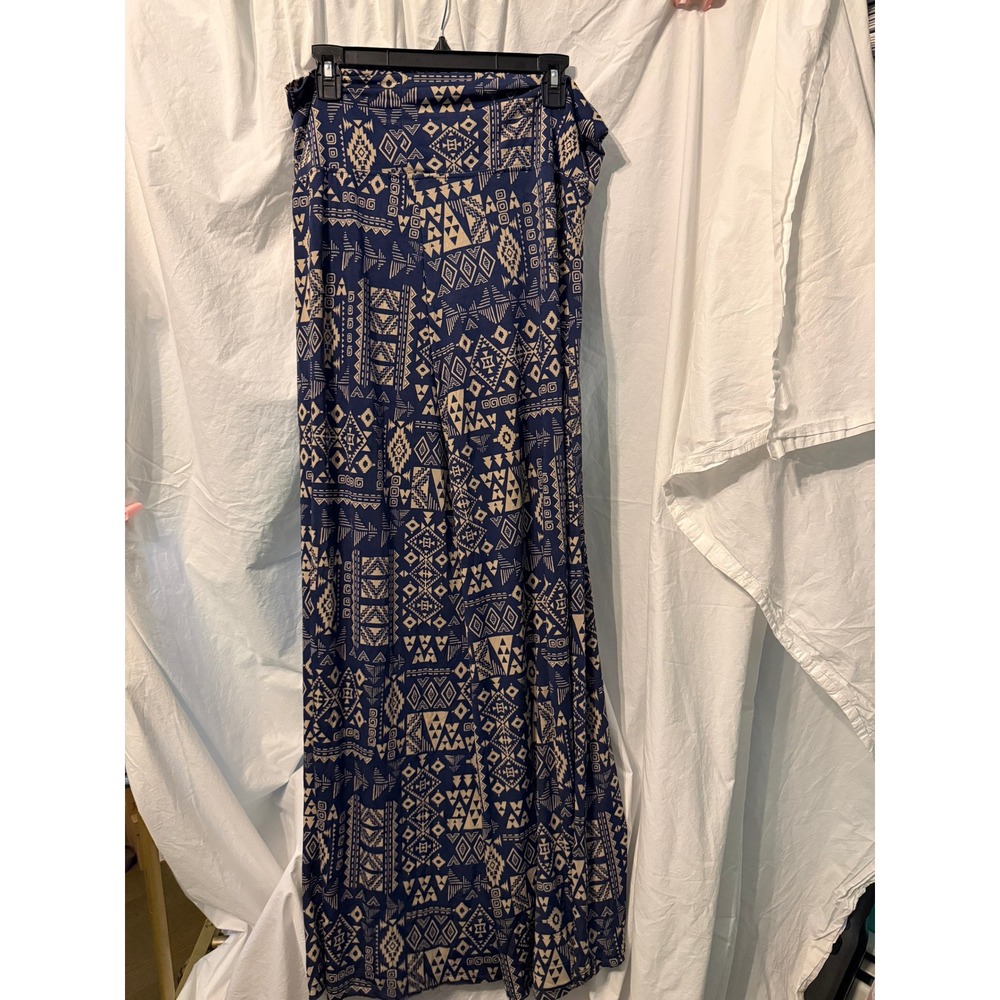 French Laundry Woman Navy Blue Tan Tribal Geometric Wide Leg Palazzo Pants 1X - Picture 1 of 3